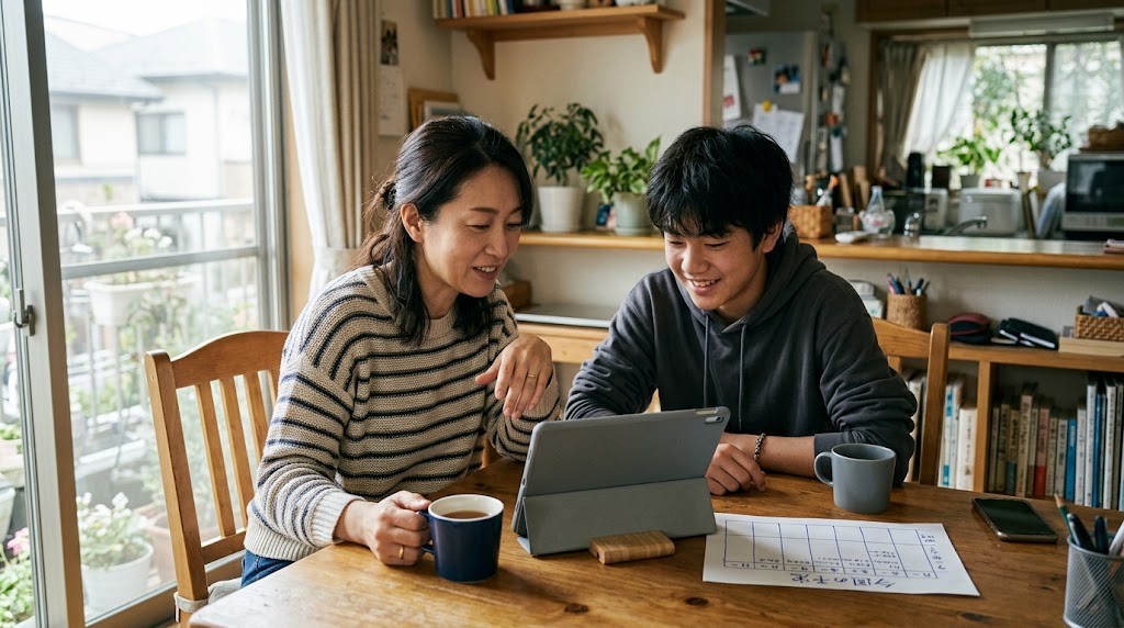 タブレットと資料を見ながら話す保護者と中学生