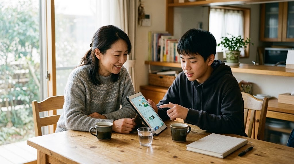 自宅のダイニングテーブルで、母親と高校生の息子が並んでタブレットの画面を見ながら話している様子