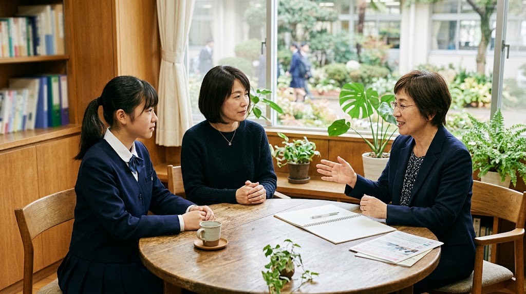 相談室の丸テーブルで、高校生と保護者が学校のスタッフから説明を聞いている様子