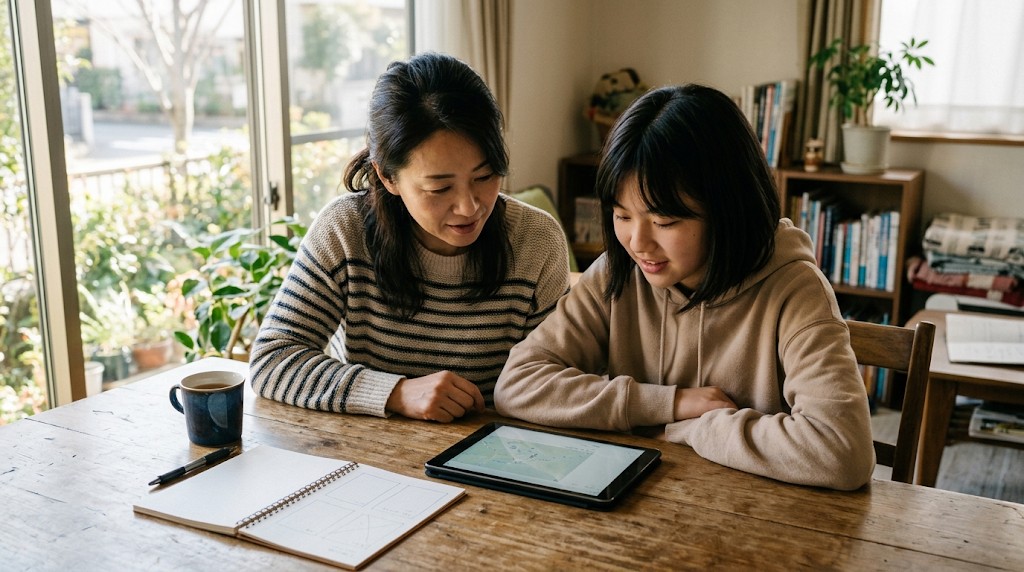 タブレットを見ながら話す保護者と高校生