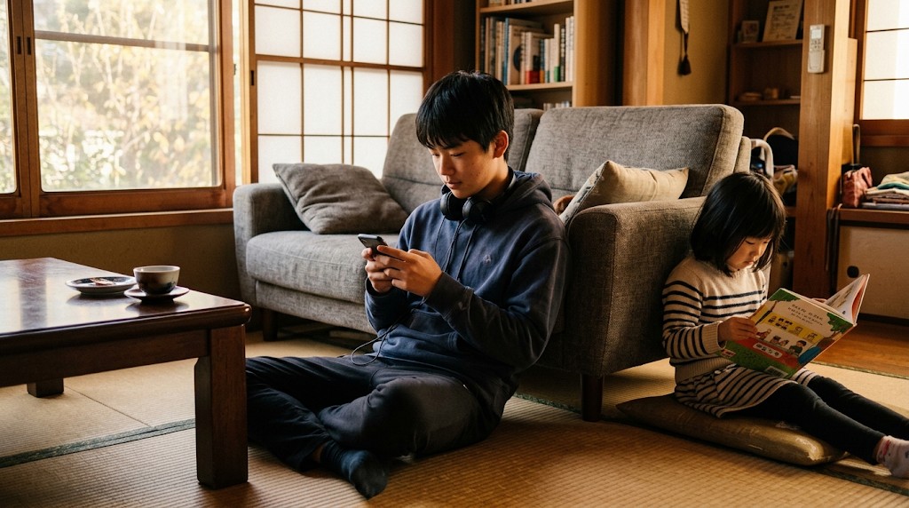 リビングの床に座ってタブレットで学ぶ中学生