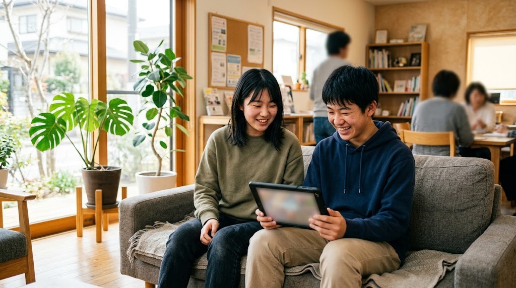 明るい部屋のソファに並んで座った高校生2人が、1台のタブレットを一緒に見ながら話している様子
