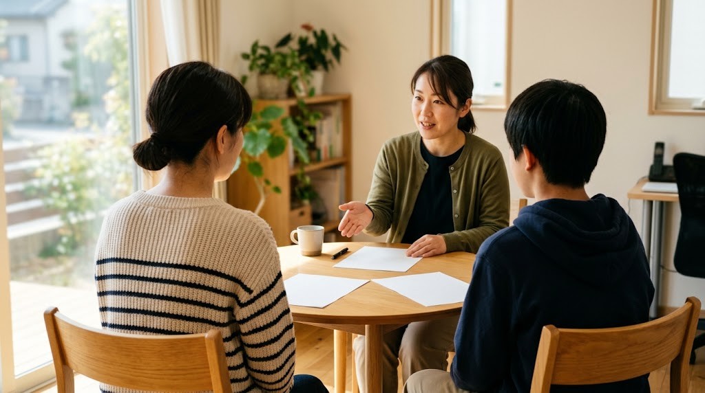 相談室の丸テーブルで、保護者と高校生が並んで座り、向かいのスタッフから説明を聞いている後ろからの様子