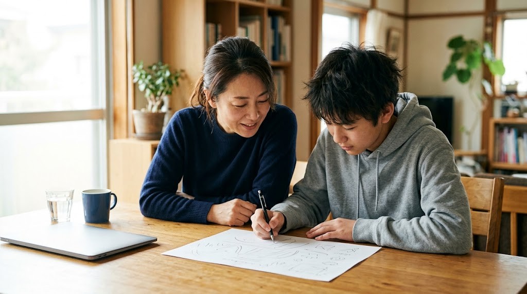 明るいダイニングテーブルで、母親と高校生の息子が並んで座り、手書きの線だけを引いた紙に費用を書き出している様子