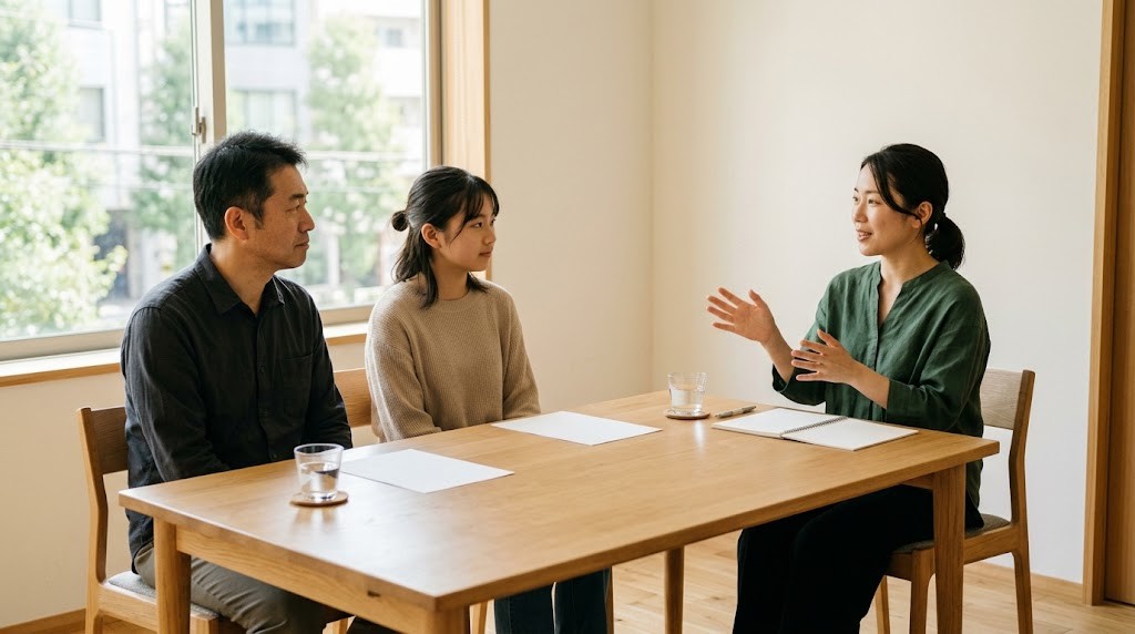 明るい相談室で、高校生の娘と父親が並んで座り、向かいのスタッフから説明を聞いている様子