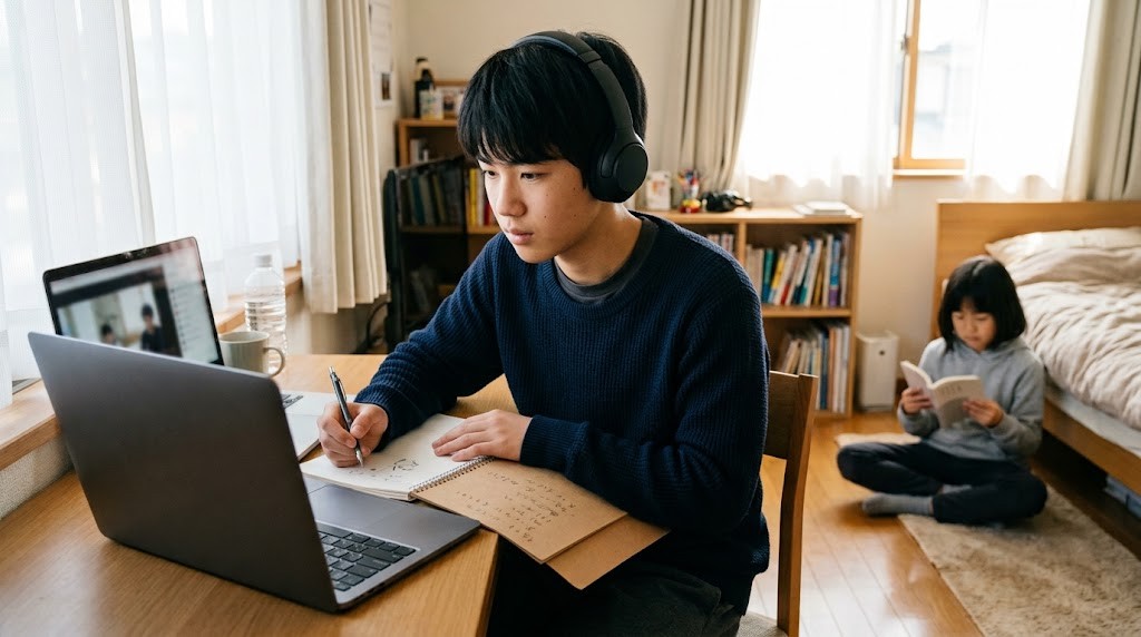 自宅の明るい部屋で、ヘッドホンをつけた高校生がノートパソコンでオンラインの授業を受け、後ろで弟が静かに本を読んでいる様子