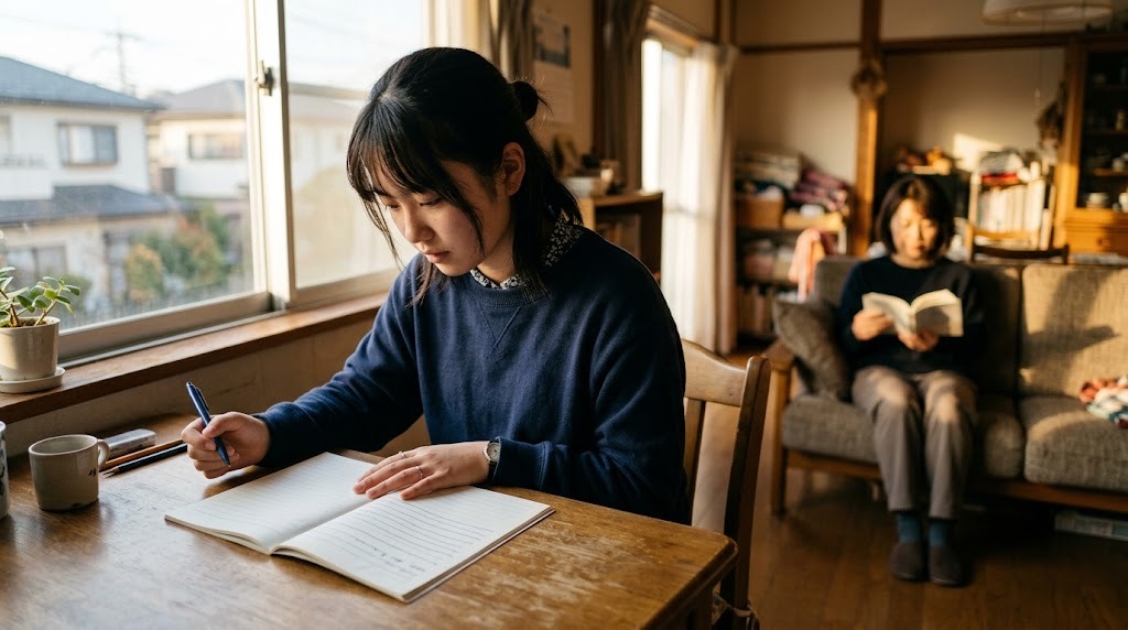 自宅のテーブルでノートに書き込みながら勉強する中学生