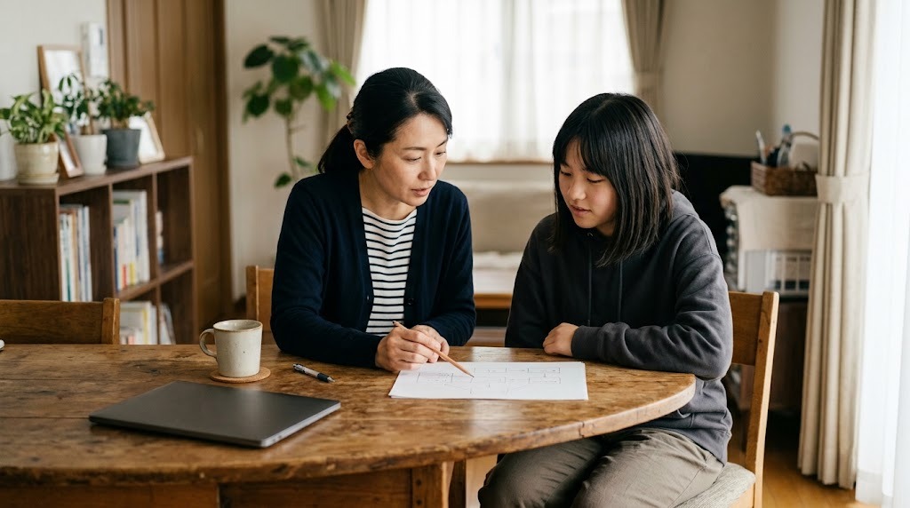 明るいリビングのテーブルで、手書きの枠だけの紙を親子が並んで見ている
