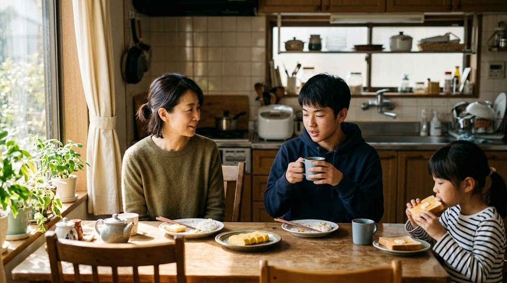 明るい朝の台所で、母親と高校生の息子が並んで座り、温かい飲み物を手に落ち着いて話している。テーブルの端では妹がトーストを食べている