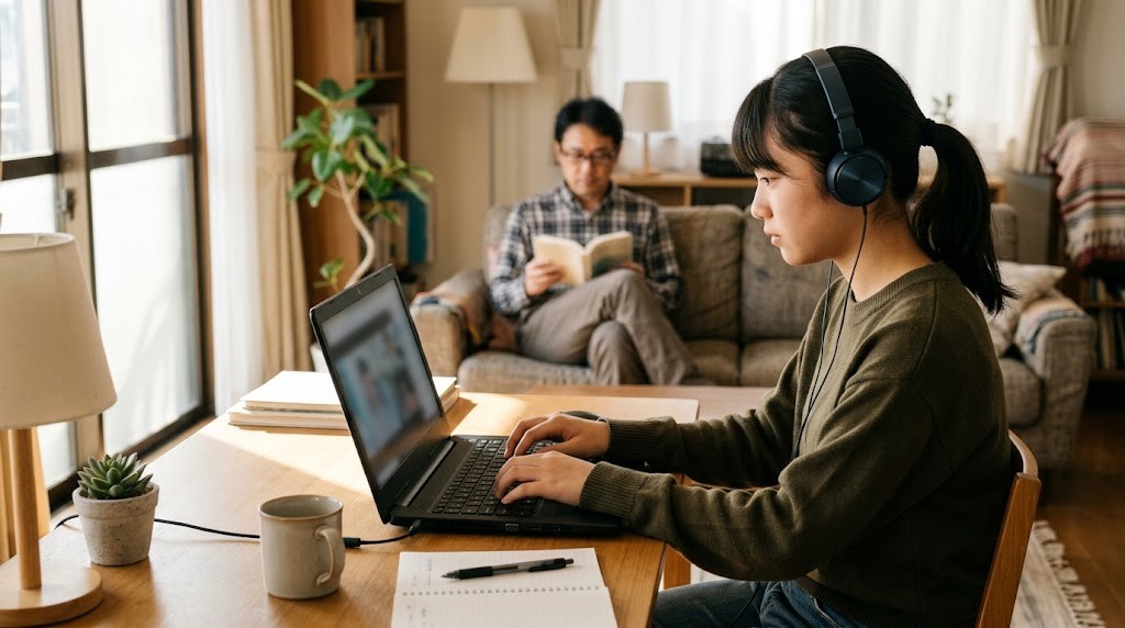 自宅でヘッドホンをつけ、ノートパソコンでオンライン授業を受ける高校生
