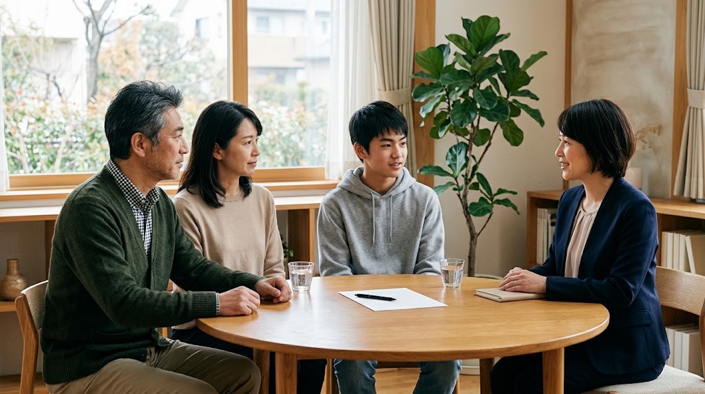 家族でスタッフに進路を相談する様子