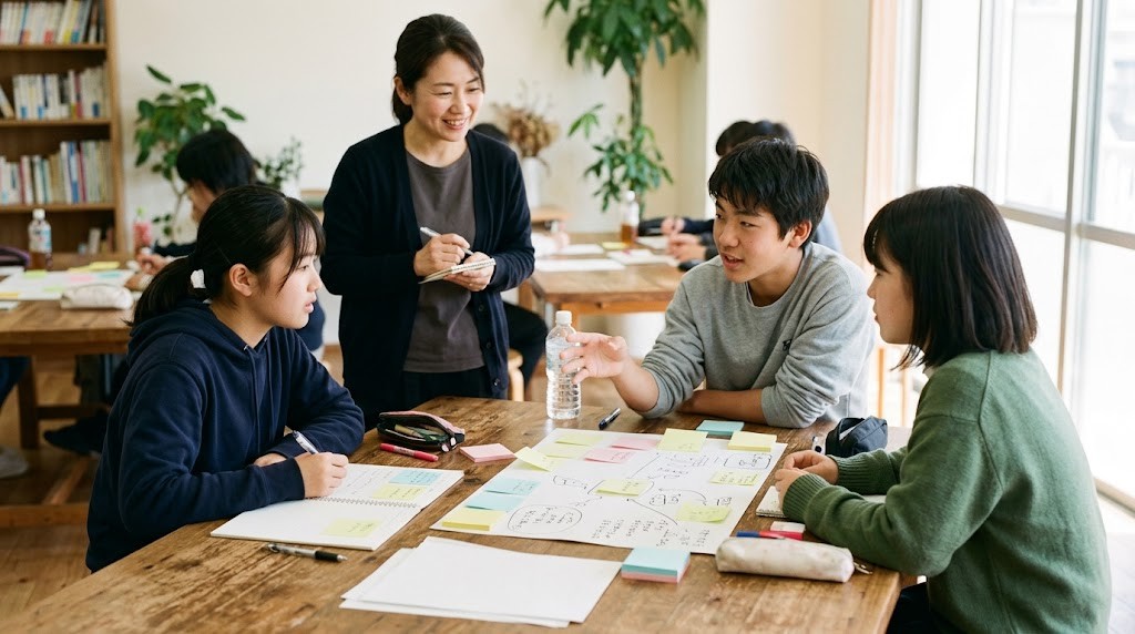 明るい共有スペースの大きな木のテーブルで、高校生3人が付せんを使ってプロジェクトを進め、1人が説明し2人が聞いている。後ろで大人のスタッフが見守っている
