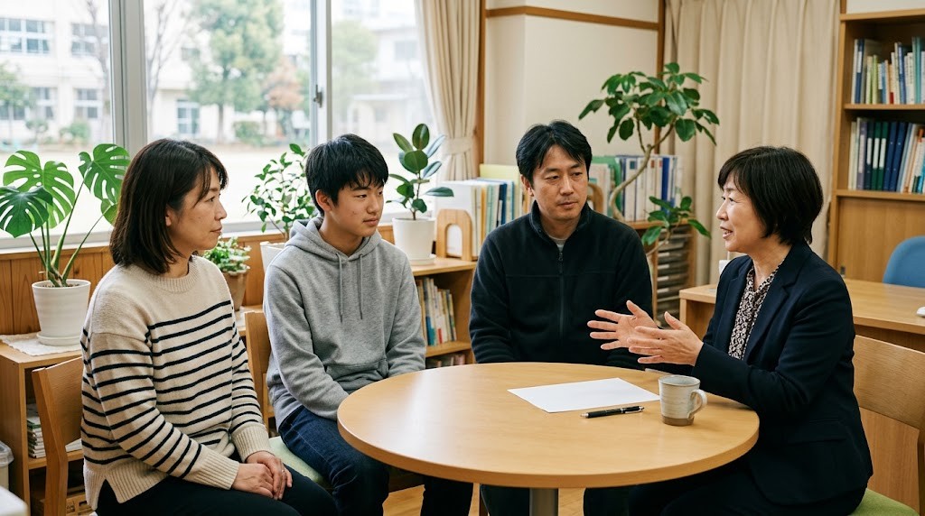 丸いテーブルでスタッフに進路を相談する保護者と生徒