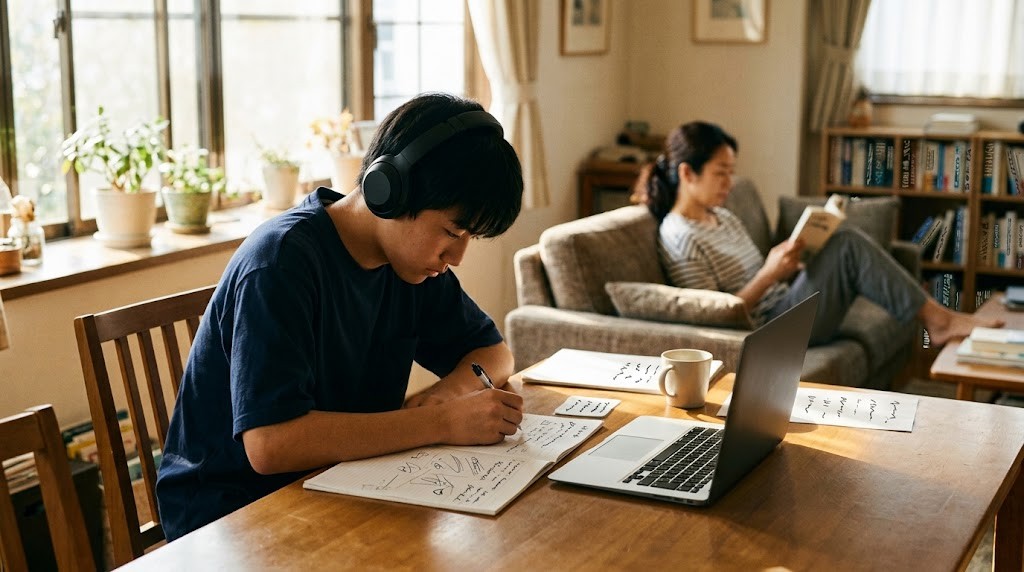 自宅のテーブルでノートに書き込みながら勉強する中学生