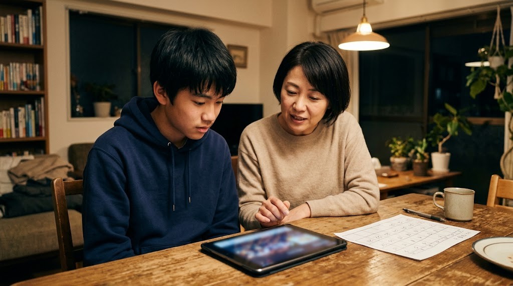 保護者と一緒にタブレットで志望校の情報を見る中学生