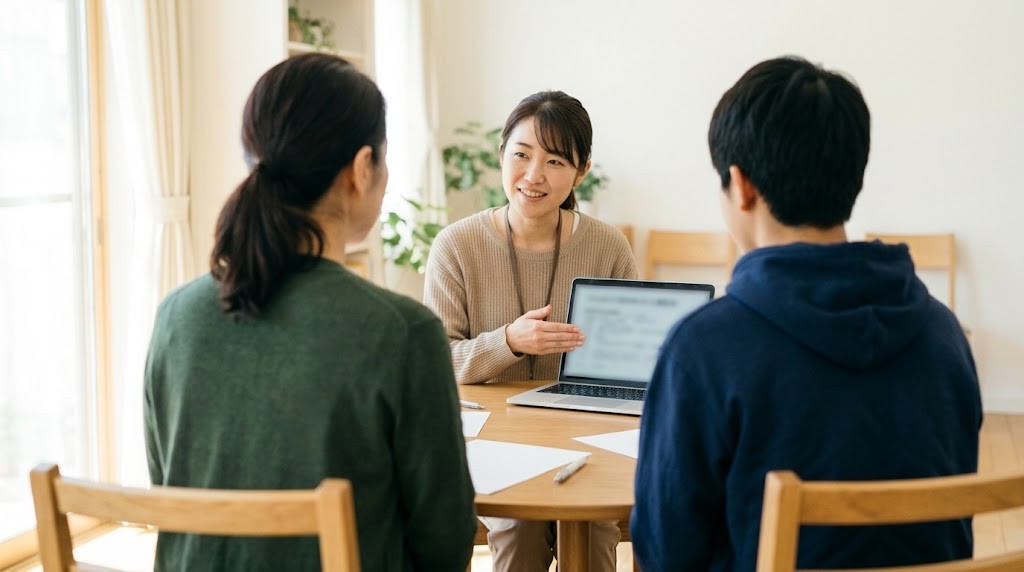 相談室の丸テーブルで、保護者と高校生くらいの子どもが並んで座り、向かいのスタッフからノートパソコンを示しながら説明を聞いている後ろからの様子