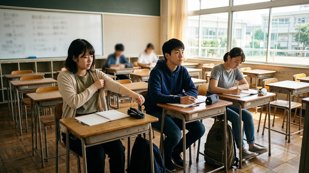 教室の机で授業を受ける制服姿の高校生たち