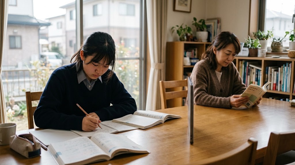 窓辺の机で勉強する高校生と、そばで本を読む保護者