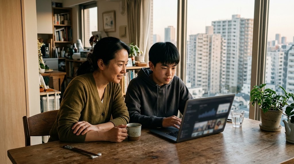高層の住宅が見える部屋で、母親と息子がノートパソコンを見ている様子