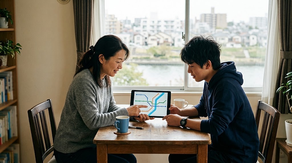 川の見える部屋で、母親と息子がタブレットの路線図を見ながら話している様子