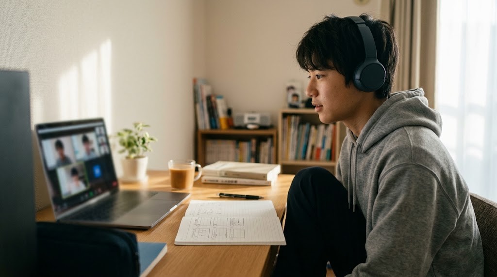自宅の机でヘッドホンをつけた高校生がオンラインの少人数授業に参加している様子