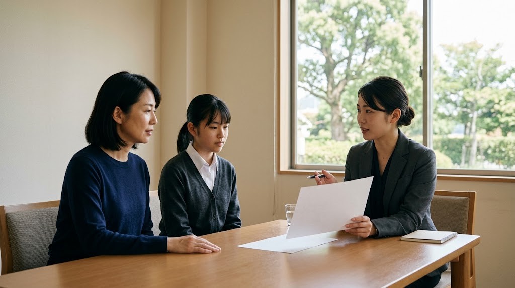 明るい面談室で、保護者と娘が職員の説明を聞いている様子