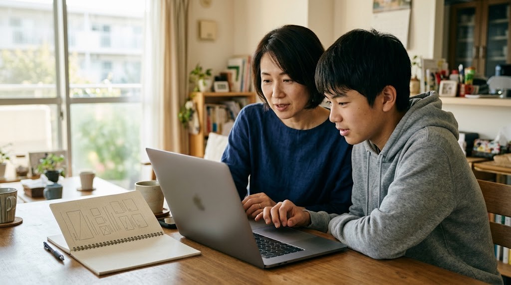 明るい部屋で、母親と子どもがノートパソコンとノートを見ている様子