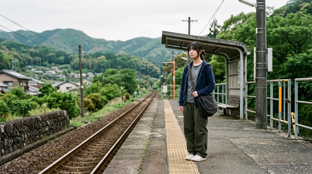 緑の山が見える郊外の駅のホームで、肩掛けかばんの高校生が電車を待っている様子