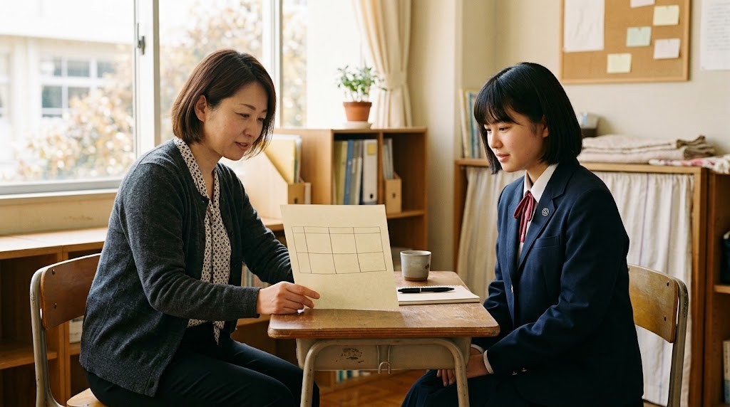 明るい相談室で、制服の生徒と相談員が手書きの表を見ながら話している様子