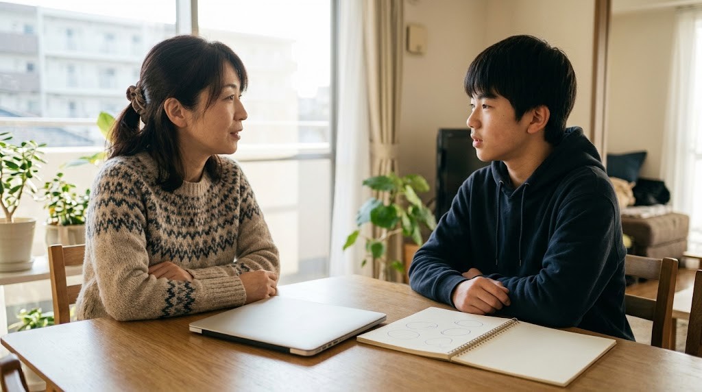 テーブルで向かい合って話す保護者と高校生