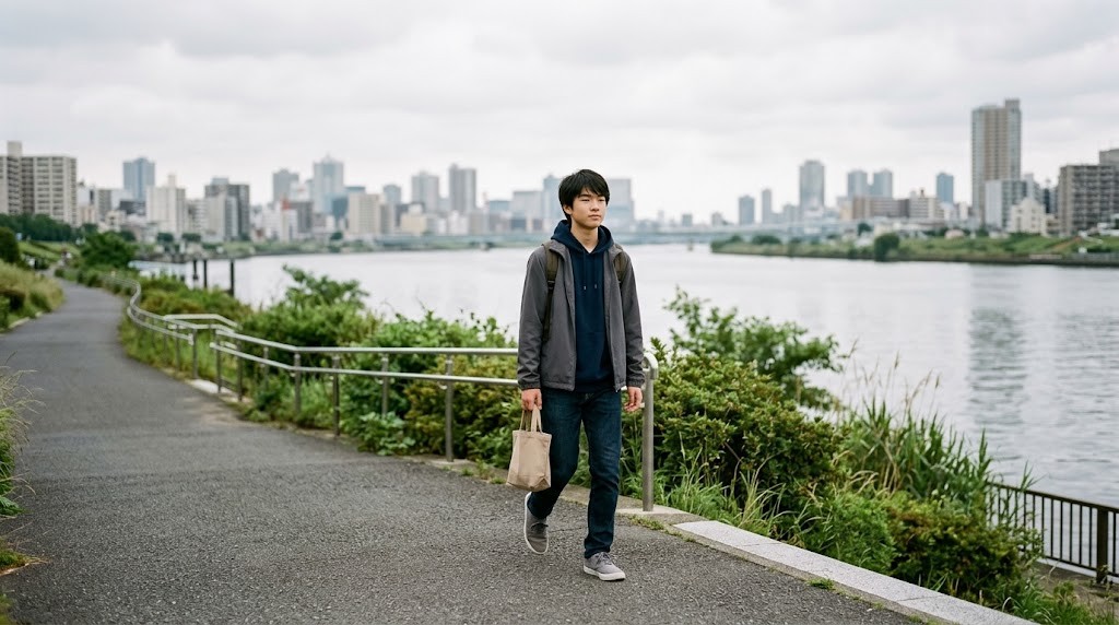 川沿いの道を歩く高校生と、遠くの街並み