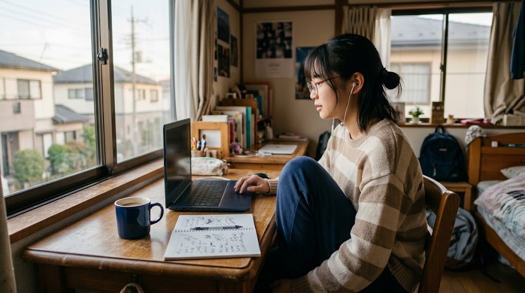 窓辺の机でオンライン授業に参加する高校生