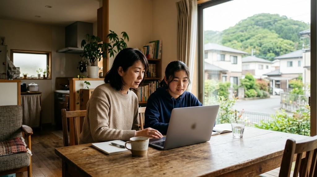 窓の外に緑の丘が見える明るい家で、母親と子どもがノートパソコンを一緒に見ている様子