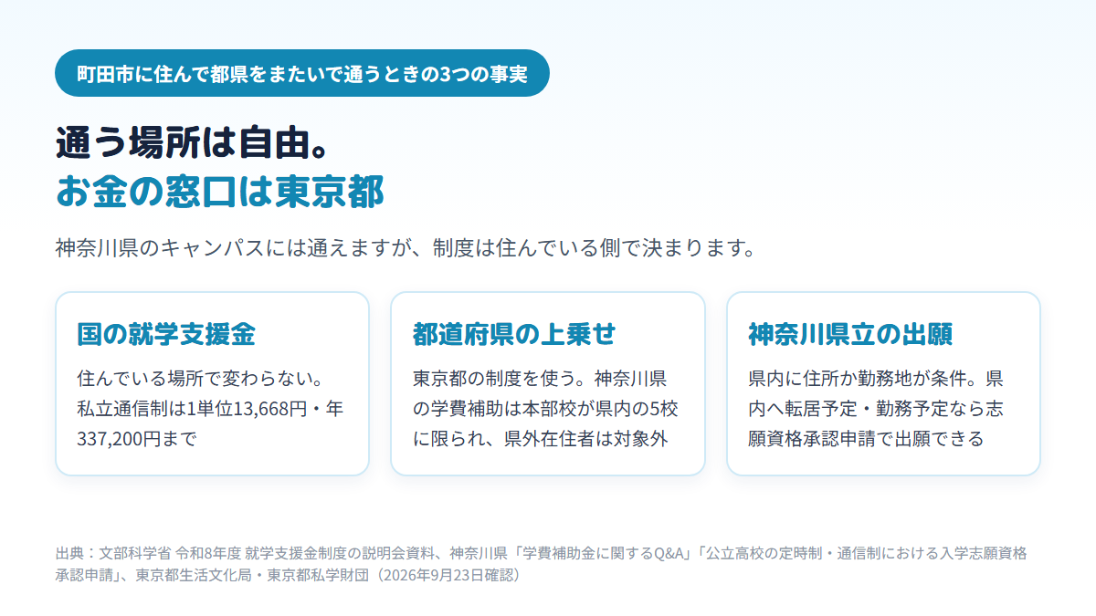 町田市に住んで神奈川県のキャンパスに通う場合、国の就学支援金は住む場所で変わらず私立通信制は1単位13,668円・年337,200円まで、都道府県の上乗せは東京都の制度を使い神奈川県の学費補助は対象外、神奈川県立への出願は県内在住か県内勤務が条件であることを示す図