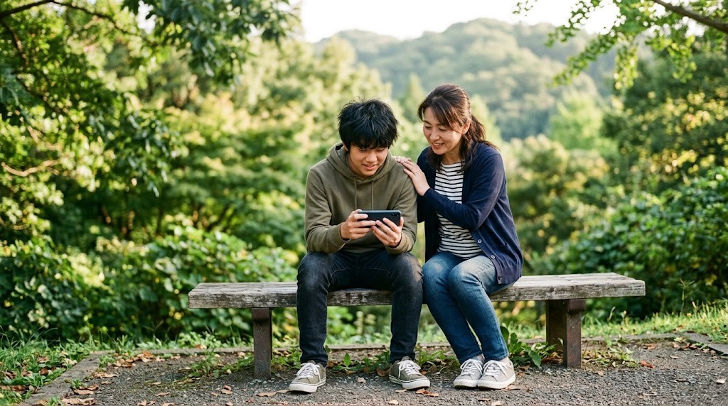 緑の多い公園のベンチで、母親と息子がスマートフォンを見ている様子