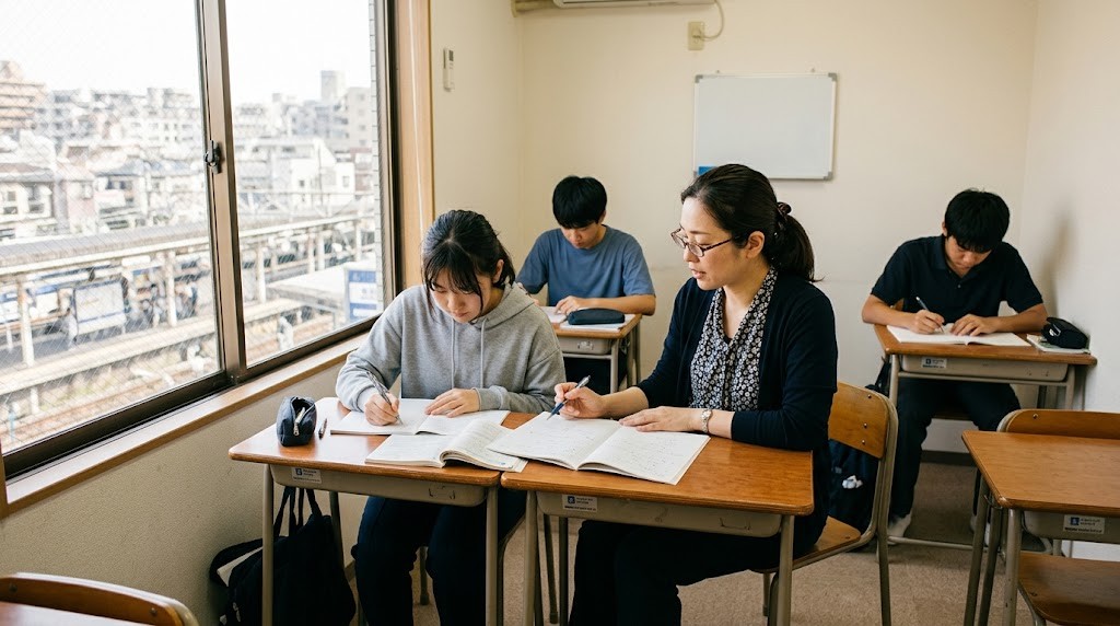 駅前ビルの明るい教室で、生徒が机に向かい職員が隣で説明している様子