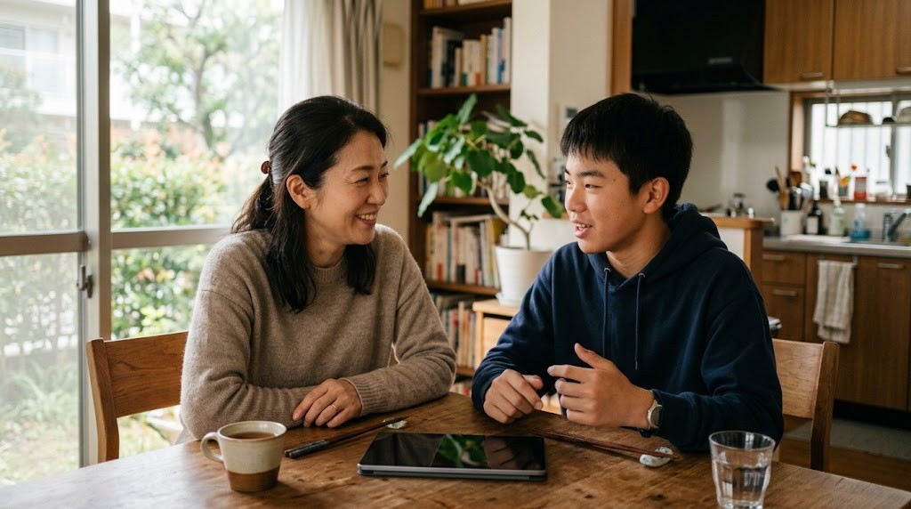 緑の見える部屋で、母親と息子がテーブルで話している様子