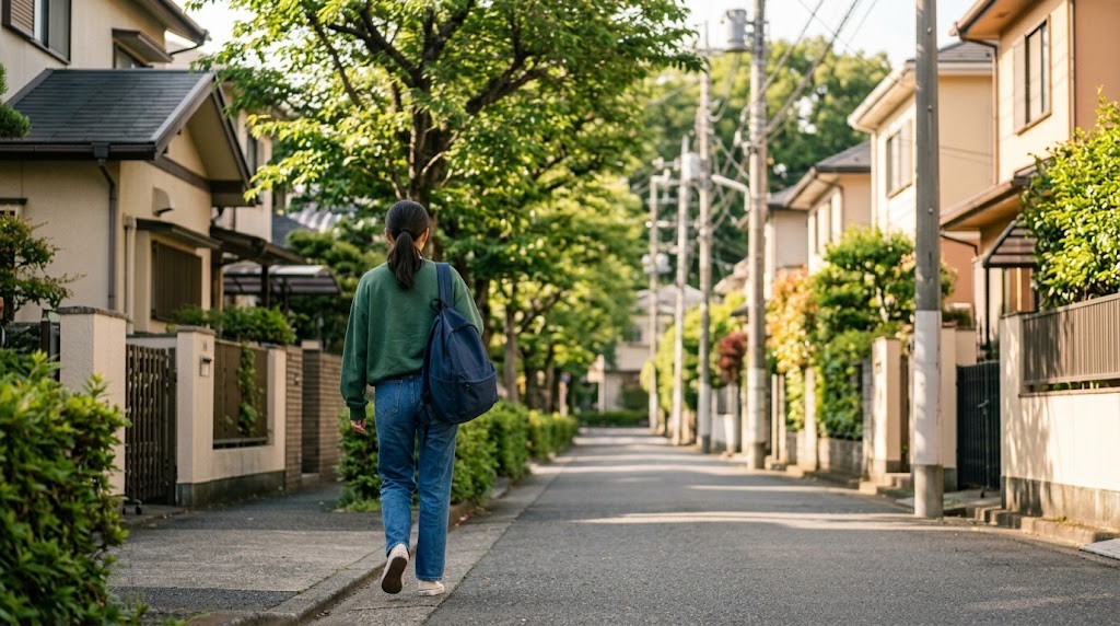 並木のある住宅街の道を歩く高校生の後ろ姿