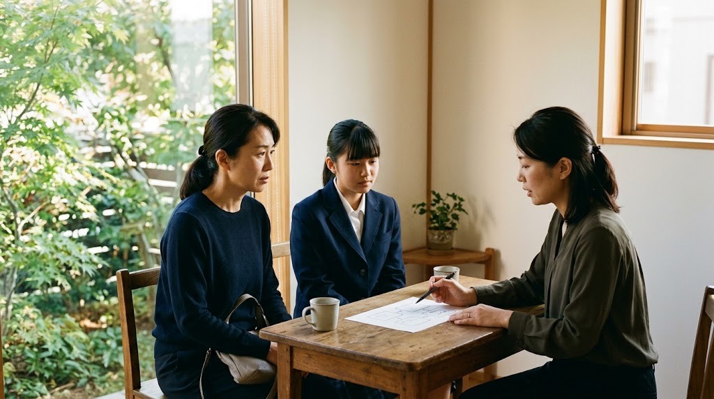 落ち着いた相談室で、保護者と娘が職員の説明を聞いている様子