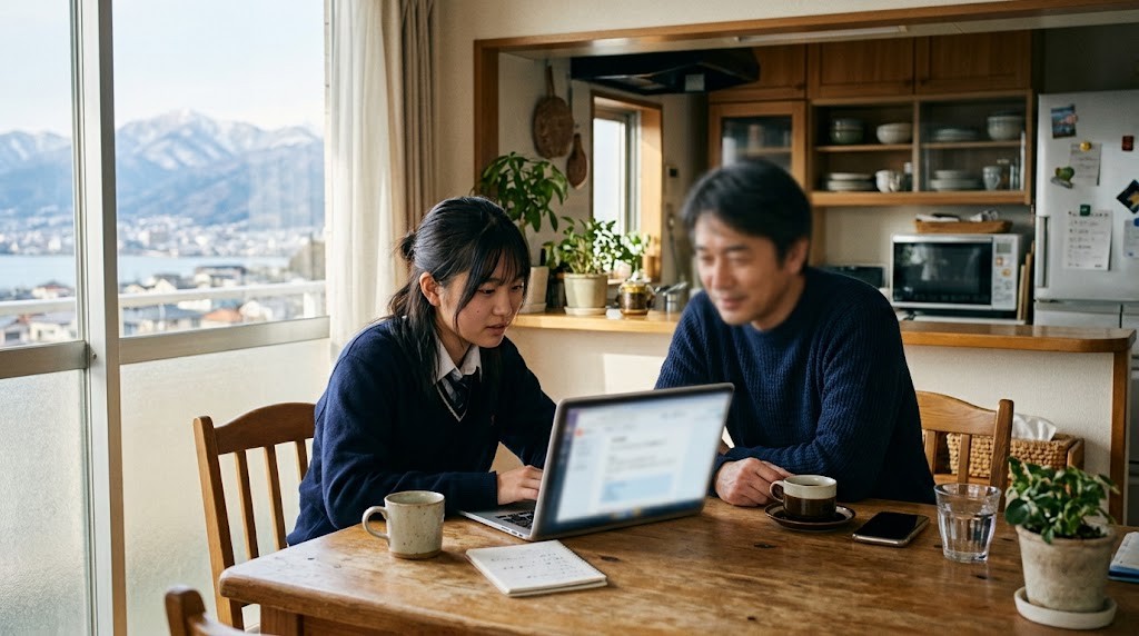 山の見える部屋で、高校生と保護者がノートパソコンを見ている様子