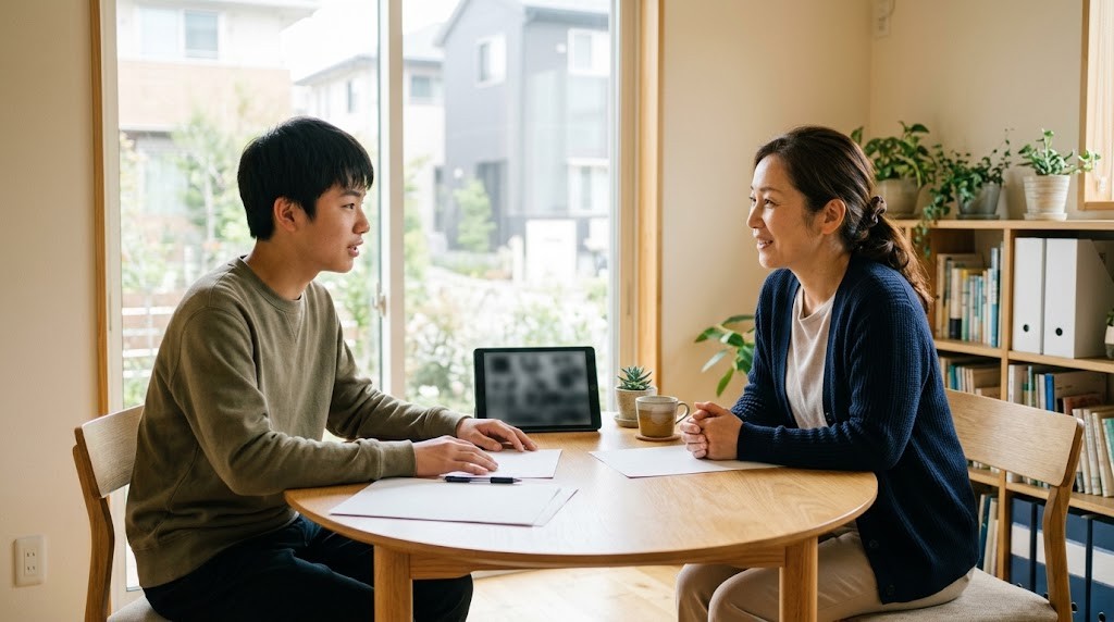 明るい相談室で、生徒と相談員が丸いテーブルで話している様子