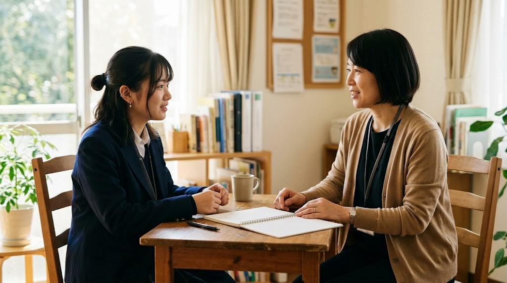明るい相談室で、生徒と職員がノートを前に話している様子