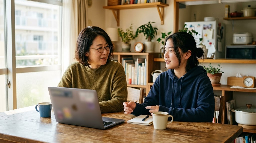 明るい部屋で、母親と娘がノートパソコンを横に置いて話している様子