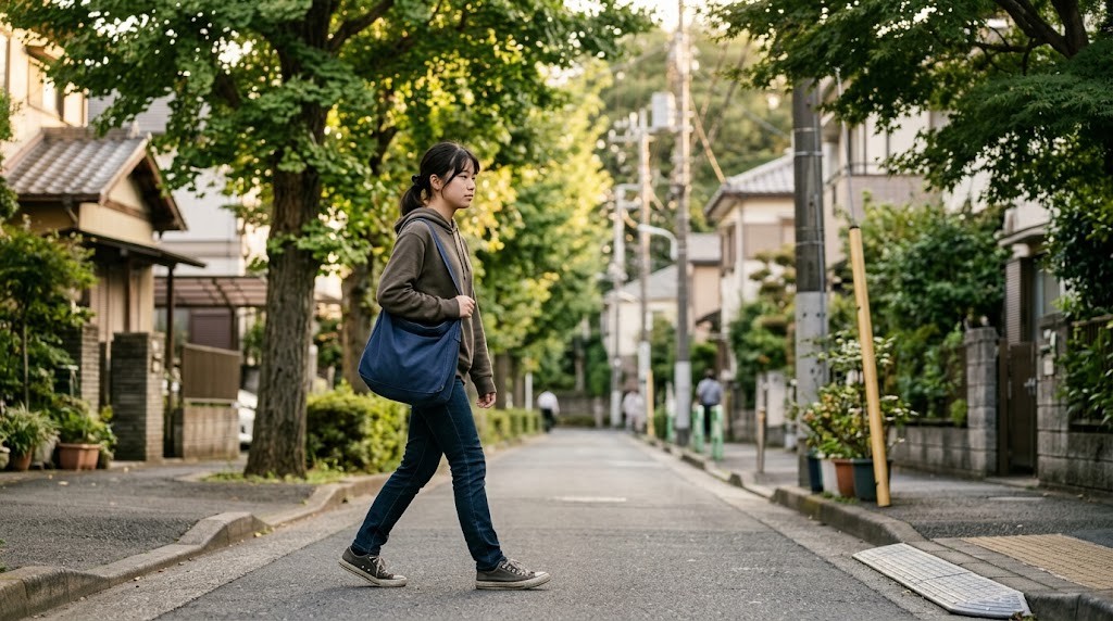 並木のある住宅街の道を歩く高校生