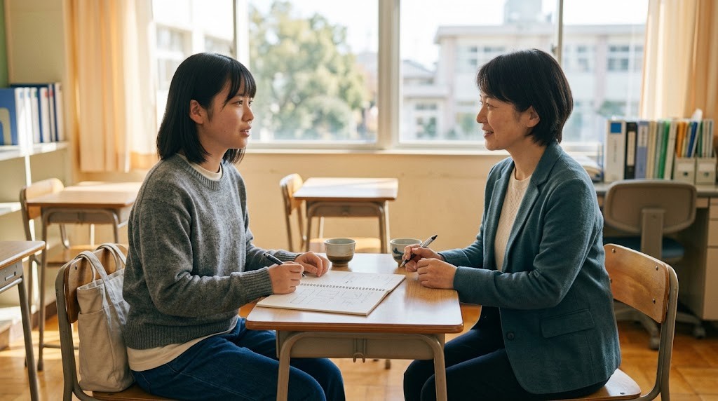 明るい相談室で、生徒と職員が小さなテーブルで話している様子