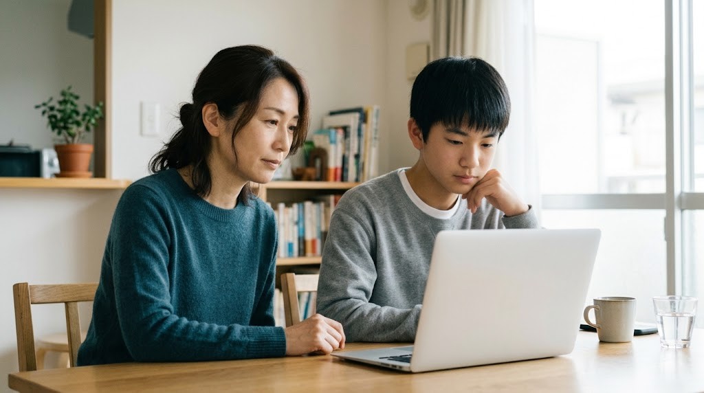 明るい部屋のダイニングで、母親と息子がノートパソコンを一緒に見ている様子