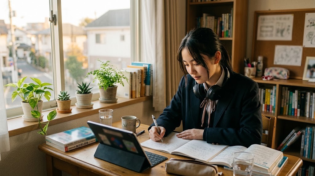 窓辺に観葉植物がある自宅の机で、首にヘッドホンをかけた生徒がタブレットとノートで勉強している様子