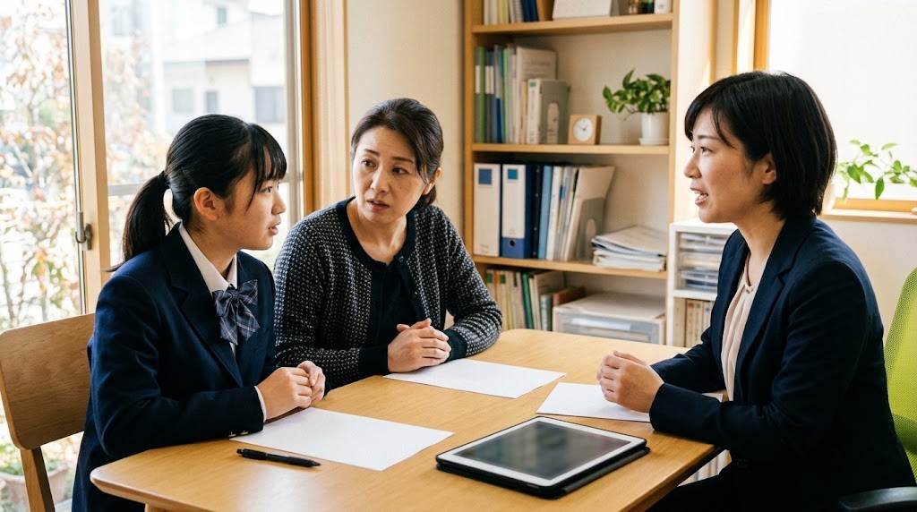 明るい相談室で、生徒と保護者が職員と向かい合って話している様子