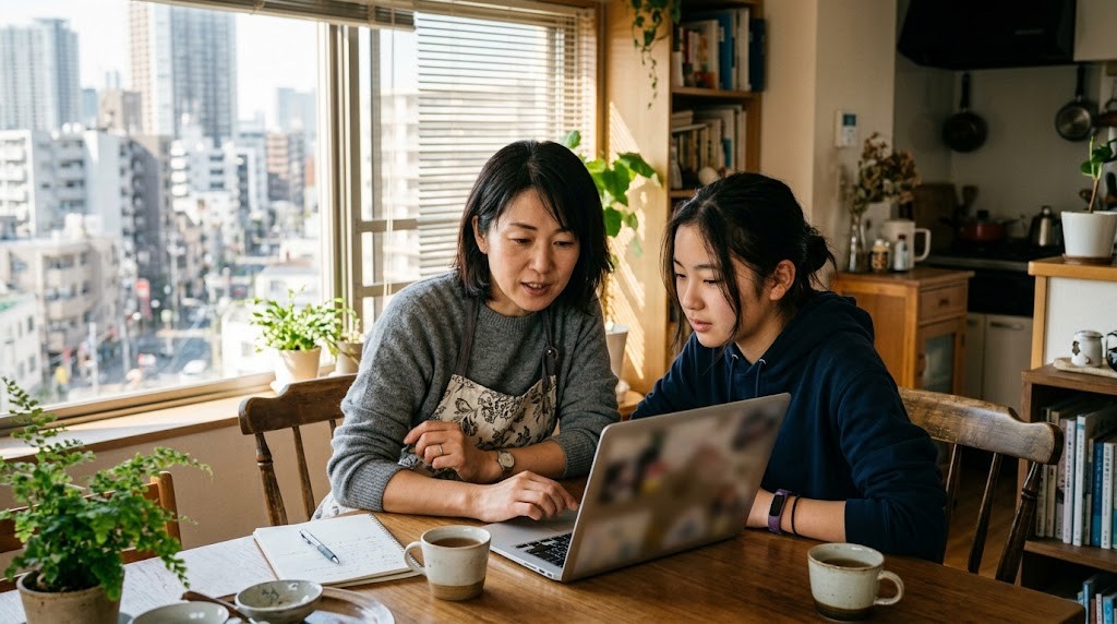 自宅のダイニングで母親と娘がノートパソコンをのぞき込み、通信制高校の情報を一緒に調べている様子