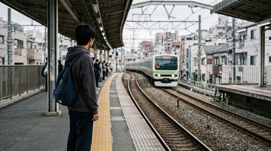 都市部の駅のホームで、リュックを片方の肩にかけた男子生徒が電車を待っている後ろ姿